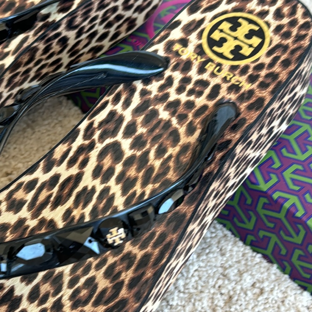 Tory Burch rubber leopard wedge sandals with black “jewel” stones. - Picture 2 of 9
